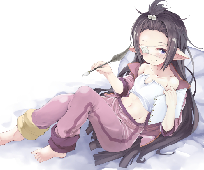 1girl, bangs, bare_shoulders, barefoot, black_hair, blue_eyes, blunt_bangs, blush
