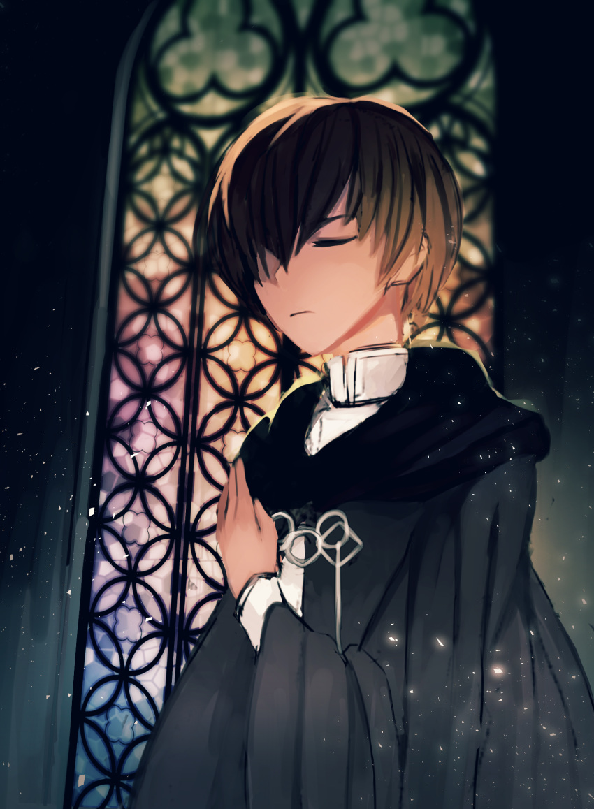1boy, brown_hair, cliff_grimoire, closed_eyes, collar, hair_over_one_eye, hand_up, highres, indoors, male_focus, mushoku_tensei, priest, rotten_tofu, solo, upper_body, vestments, white_collar, wide_sleeves, window