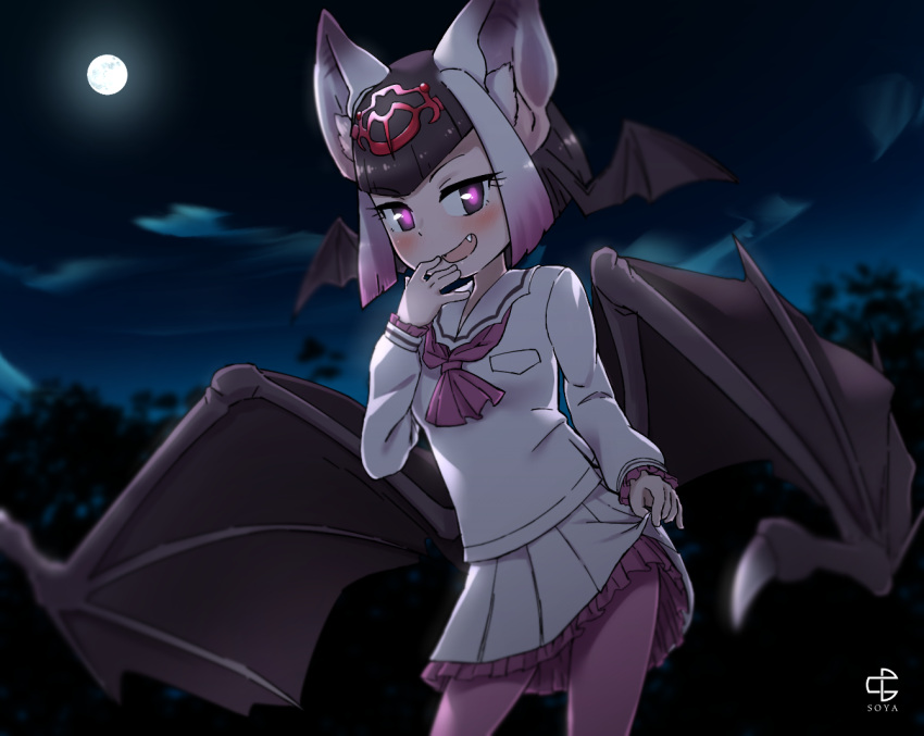 1girl, :d, animal_ear_fluff, ascot, bat_wings, black_hair, commentary_request, common_vampire_bat_(kemono_friends), fang, full_moon, gradient_hair, hand_to_own_mouth, head_wings, kasugai_isoya, kemono_friends, lifted_by_self, long_sleeves, looking_at_viewer, moon, multicolored_hair, night, open_mouth, outdoors, pantyhose, pink_hair, pink_legwear, pink_neckwear, pleated_skirt, sailor_collar, shirt, short_hair, skirt, skirt_lift, smile, solo, underskirt, violet_eyes, white_hair, white_sailor_collar, white_shirt, white_skirt, wings