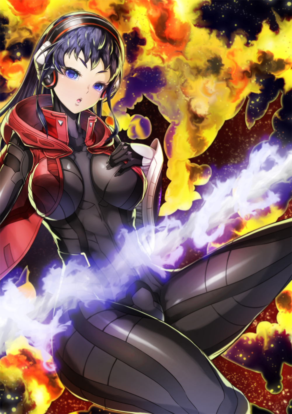 1girl, :o, alex_(shin_megami_tensei:_strange_journey), bangs, black_bodysuit, black_gloves, black_hair, blue_eyes, bodysuit, breasts, collar, commentary_request, fire, gauntlets, gloves, headphones, headset, highres, hood, hood_down, large_breasts, latex, long_hair, looking_at_viewer, open_mouth, rootdesign, shin_megami_tensei, shin_megami_tensei:_strange_journey, shiny, shiny_clothes, single_gauntlet, skin_tight, solo, thick_thighs, thighs, vest