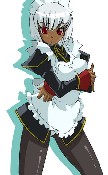 1girl, breast_squeeze, breasts, crossed_arms, dark_skin, gray_pantyhose, hanaukyo_maid_tai, maid, panties, panties_over_pantyhose, pantyhose, pantyshot, red_eyes, sanae_yashima, short_hair, solo, underwear, white_background, white_hair
