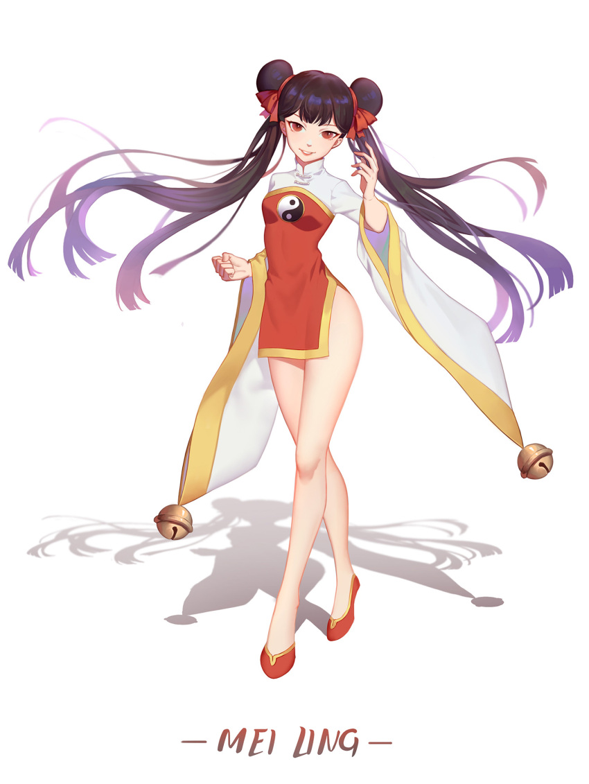 1girl, bell, black_hair, card_captor_sakura, character_name, china_dress, chinese_clothes, double_bun