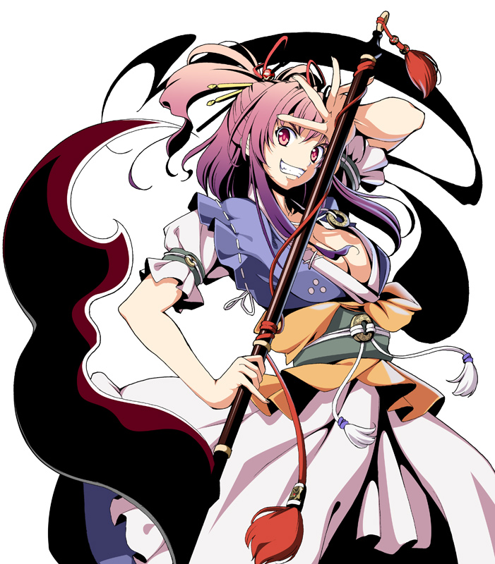 aka_ringo, azuma_syoujuan, breasts, cleavage, coin, grin, hair_ornament, obi