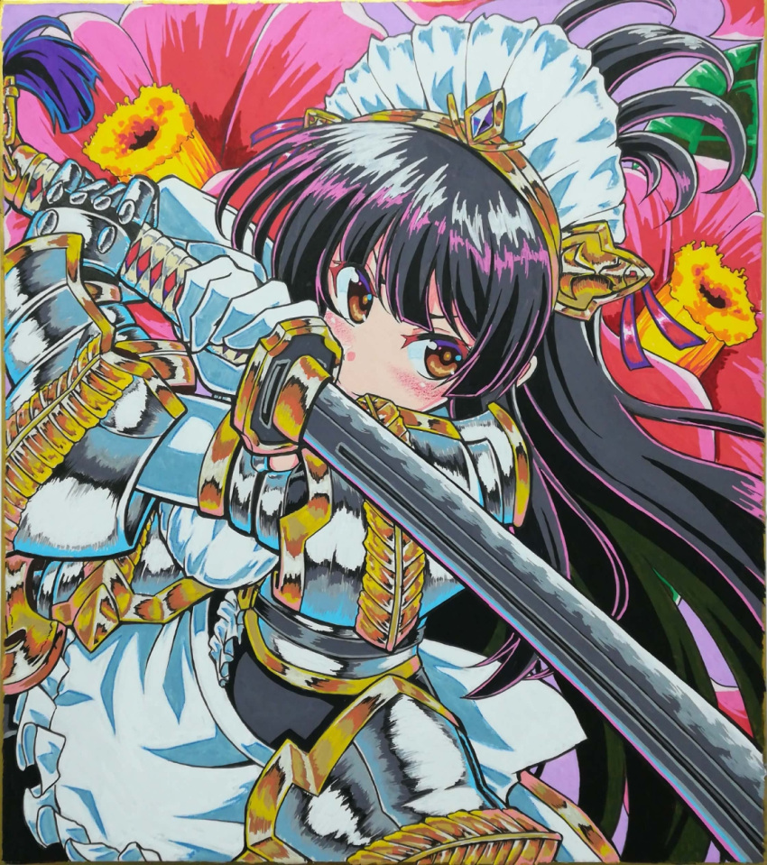 1girl, apron, armored_skirt, black_hair, blush, brown_eyes, floral_background, gauntlets