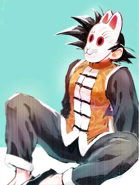 1boy, arm_support, black_hair, blue_background, chinese_clothes, cosplay, dragon_ball, dragon_ball_(classic)