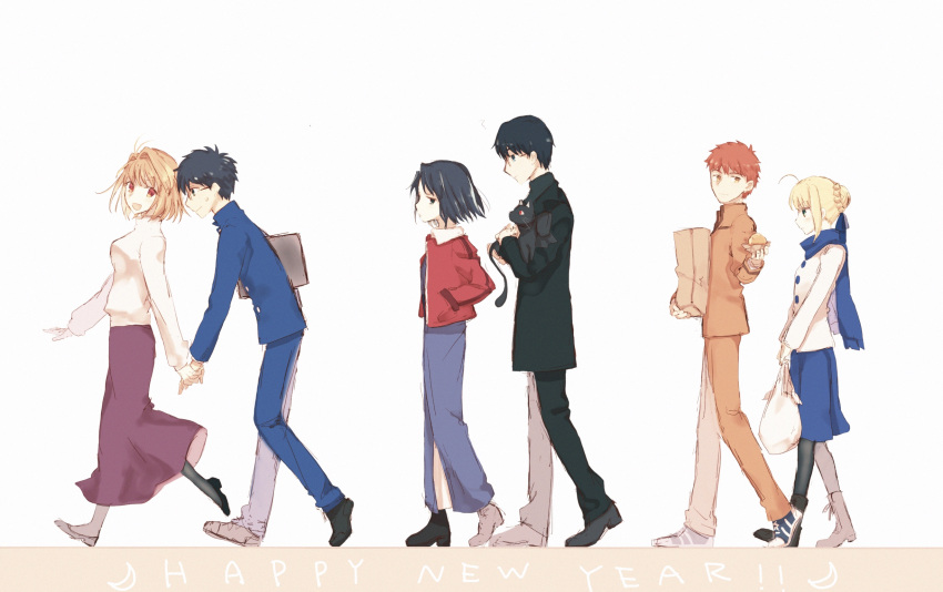3boys, 3girls, arcueid_brunestud, artoria_pendragon_(all), bag, black_hair, blonde_hair, casual