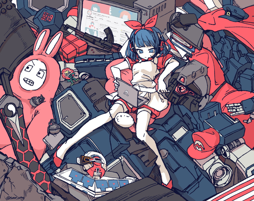 1girl, apron, bangs, blue_eyes, blue_hair, book, commentary, computer