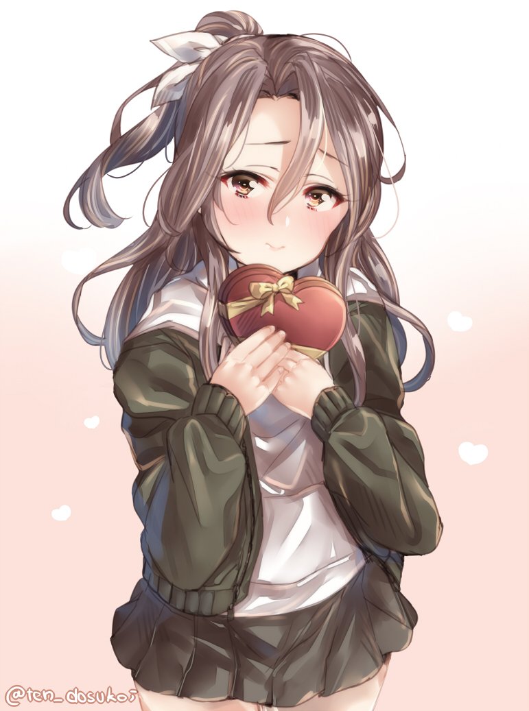 1girl, alternate_costume, black_skirt, blush, box, closed_mouth, gift, gift_box