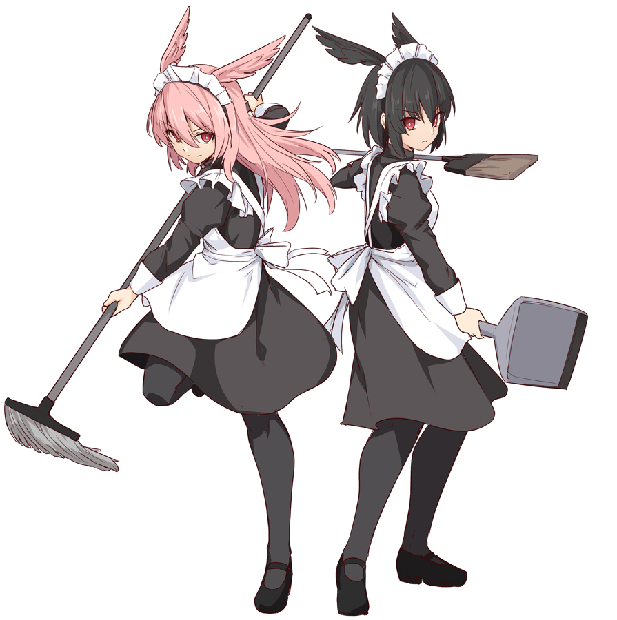 2girls, alternate_costume, apron, black_dress, black_footwear, black_hair, black_legwear, broom