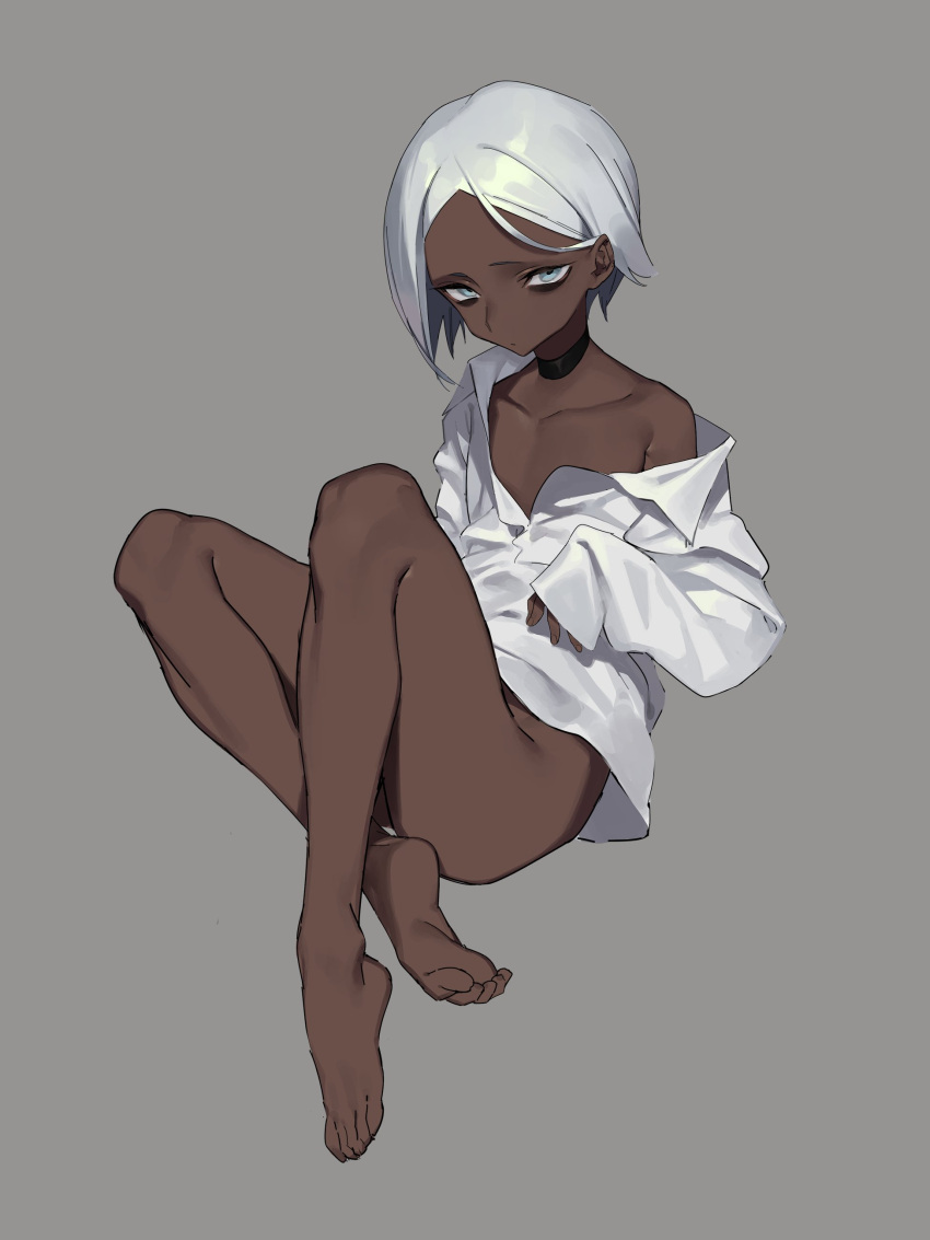 1girl, absurdres, amrkdrw, bags_under_eyes, bare_legs, barefoot, black_choker, blue_eyes