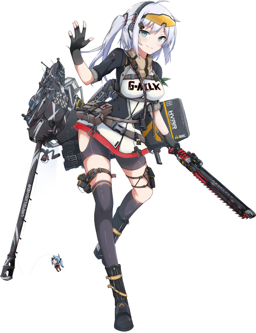 1girl, absurdres, ahoge, antennae, bangs, belt, black_footwear, black_legwear, blue_eyes, boots, churblade_ii_a40/t43e2, eyebrows_visible_through_hair, fingerless_gloves, gloves, gun, hair_ornament, hairclip, handgun, highres, holding, holding_gun, holding_weapon, jacket, knife, leg_up, long_hair, machinery, mecha_musume, military, military_jacket, military_uniform, panzer_waltz, personification, purple_hair, rigging, shirt, simple_background, solo_focus, standing, thigh-highs, thigh_strap, uniform, vest, weapon, white_background, white_shirt, wing_collar, xandier59