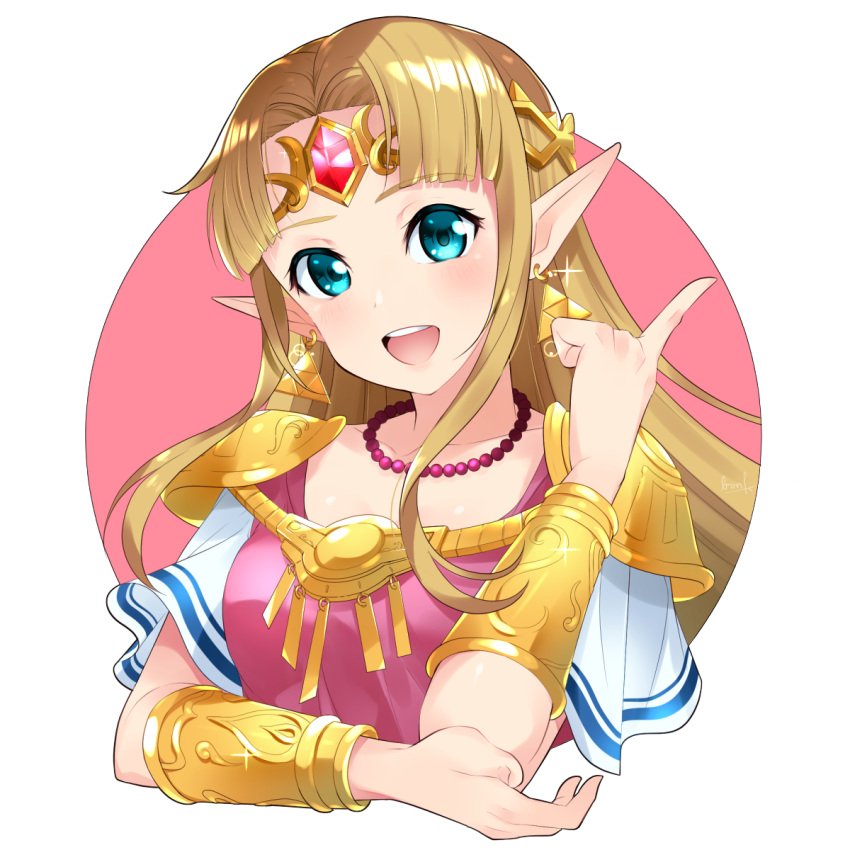 :d, arms_up, bangs, bead_necklace, beads, blonde_hair, blue_eyes, blunt_bangs