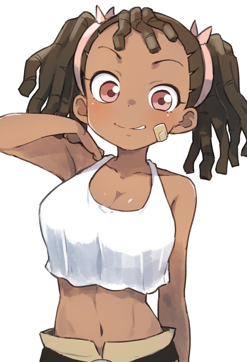 1girl, ayukawa_miyuki, bandaid, bandaid_on_face, crop_top, crop_top_overhang, dark_skin, gazacy_(dai), hairlocs, highres, image_sample, midriff, navel, smile, solo, twintails, twitter_sample, white_background
