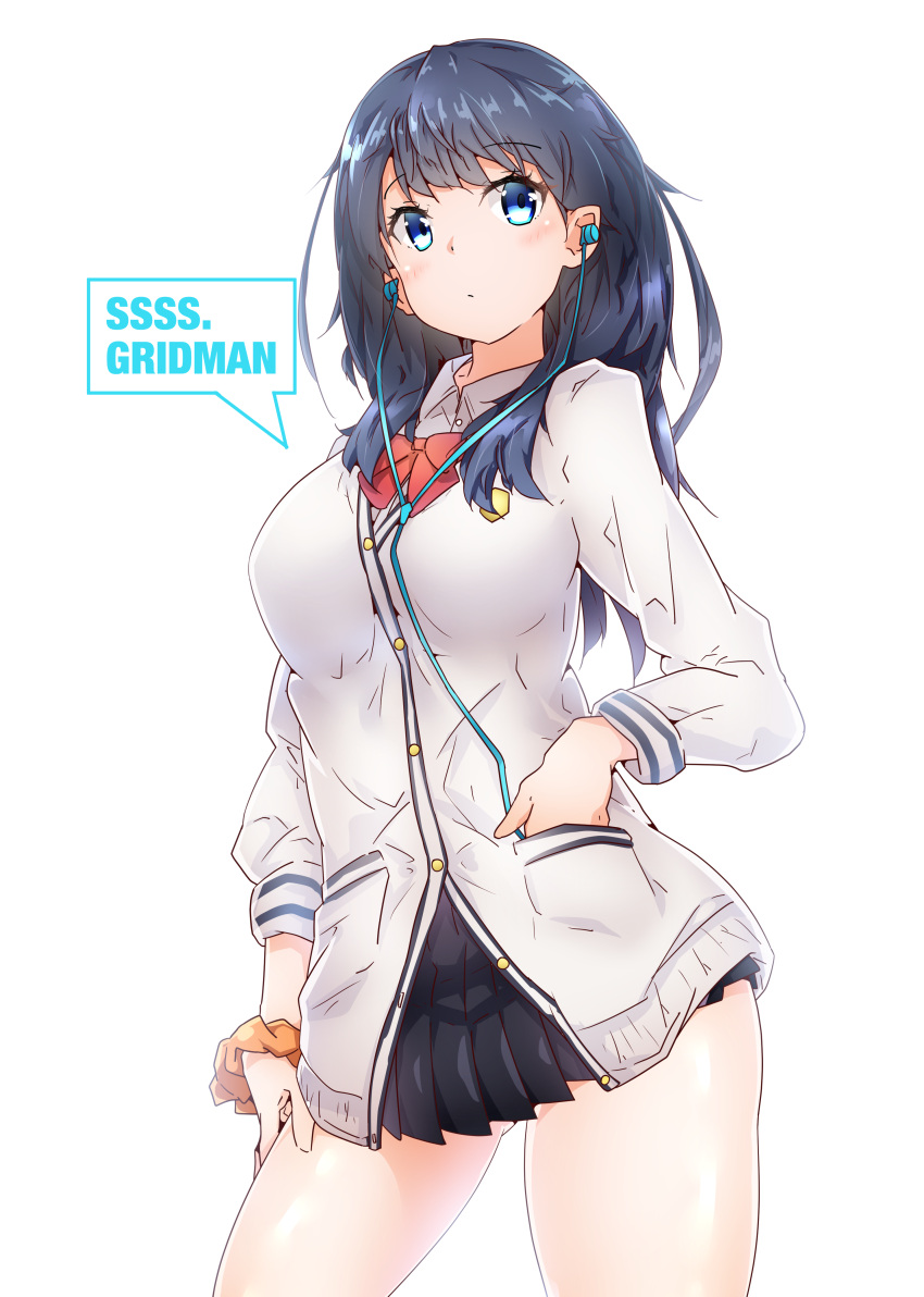 1girl, absurdres, ass_visible_through_thighs, bangs, black_skirt, blue_eyes, blue_hair, bow