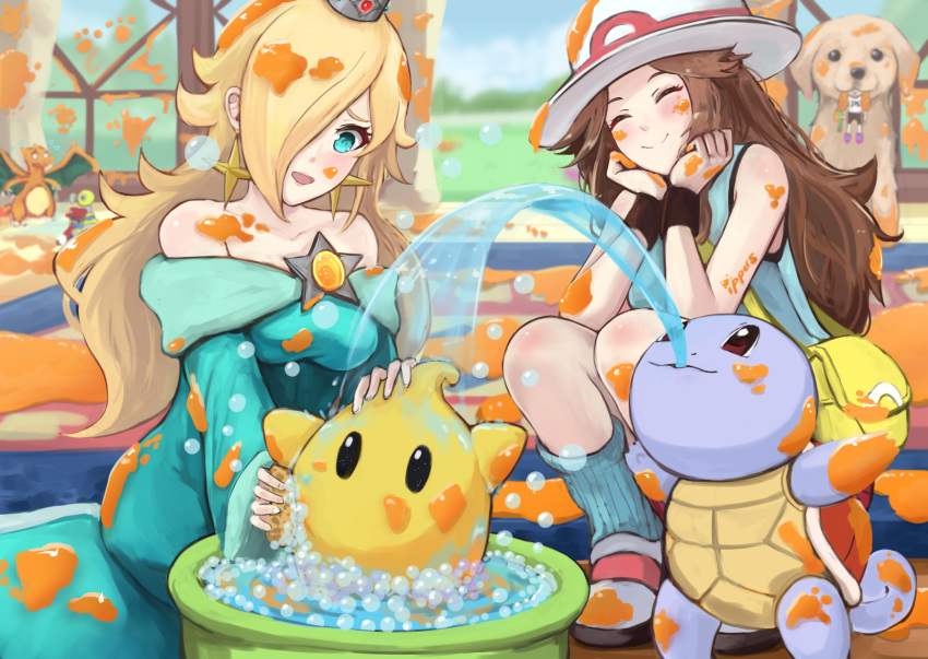 1boy, 3girls, :3, :d, ^_^, aqua_eyes, bag, bare_shoulders