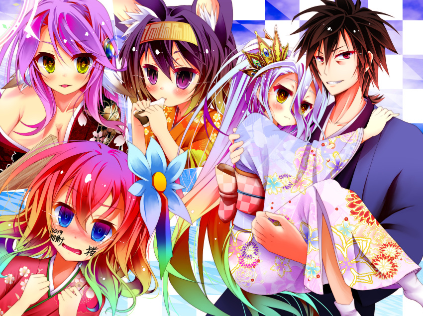 1boy, 4girls, animal_ear_fluff, animal_ears, blue_eyes, blue_hair, blush, breasts