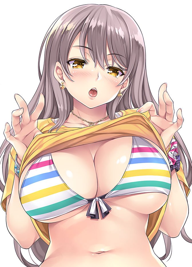 1girl, bangle, bangs, bikini, bracelet, breasts, earrings, eyebrows_visible_through_hair