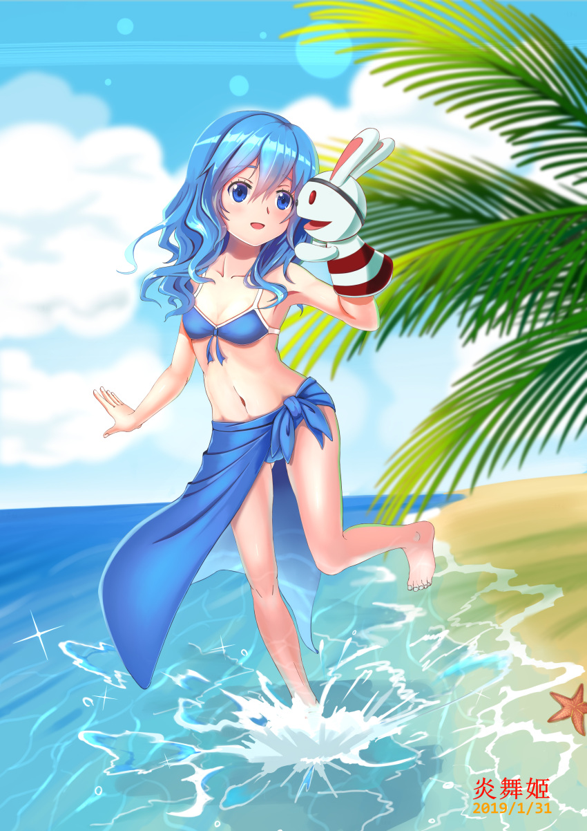 1girl, 2019, absurdres, arm_up, armpits, barefoot, beach, bikini