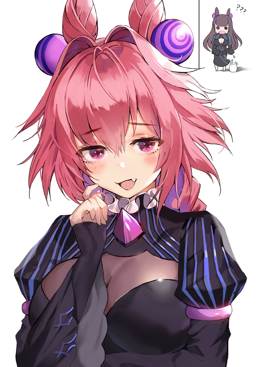 2girls, astolfo_(fate), bangs, black_dress, blush, braid, breasts, brown_hair, chibi, chibi_inset, cleavage, cleavage_cutout, cosplay, double_bun, dress, eto_(nistavilo2), fang, fate/apocrypha, fate/grand_order, fate_(series), frilled_shirt_collar, frills, genderswap, genderswap_(mtf), hair_between_eyes, hair_intakes, hair_ornament, highres, large_breasts, long_braid, long_hair, long_sleeves, looking_at_viewer, multicolored_hair, multiple_girls, murasaki_shikibu_(fate), murasaki_shikibu_(fate)_(cosplay), open_mouth, puffy_sleeves, simple_background, single_braid, smile, streaked_hair, two-tone_hair, violet_eyes, white_background