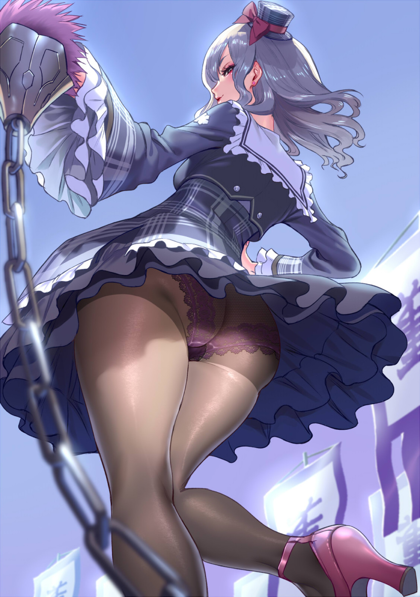 1girl, ass, banner, black_eyes, black_legwear, blue_dress, blue_sky, breasts, chains, closed_mouth, commentary_request, copyright_request, day, dress, earrings, fishnet_panties, frilled_shirt_collar, frilled_sleeves, frills, from_behind, from_below, grey_hair, gusset, high_heels, highres, holding, jewelry, layered_dress, leg_up, long_hair, long_sleeves, medium_breasts, outdoors, panties, pantyhose, plaid, plaid_dress, purple_footwear, purple_panties, sailor_collar, seductive_smile, sky, smile, smoke_(flyx21), solo, standing, standing_on_one_leg, stud_earrings, underwear, wavy_hair, white_sailor_collar, wide_sleeves