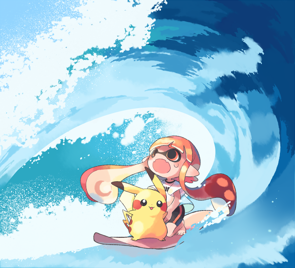 1girl, 1other, bangs, bike_shorts, black_shorts, blunt_bangs, creatures_(company), disney, domino_mask, fang, fangs, game_freak, gen_1_pokemon, hitofutarai, inkling, lilo_&amp;_stitch, long_hair, mask, nintendo, orange_hair, parody, pikachu, pointy_ears, pokemon, pokemon_(creature), pokemon_(game), shirt, shoes, short_hair, shorts, single_vertical_stripe, smile, sneakers, sora_(company), splatoon, splatoon_(series), splatoon_1, super_smash_bros., super_smash_bros._ultimate, surf, t-shirt, tentacle_hair, topknot, water