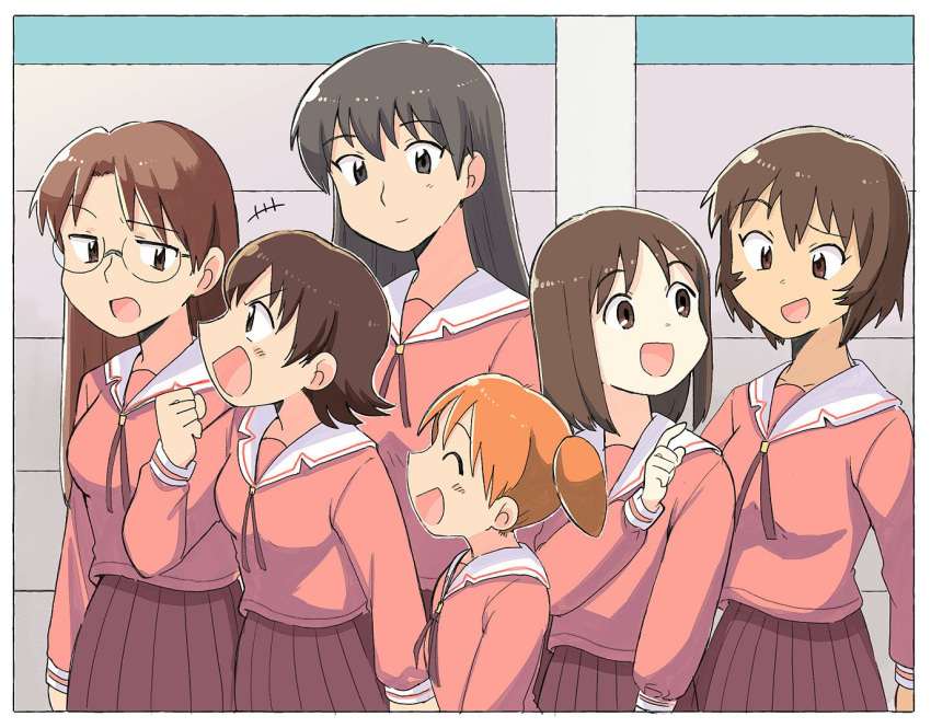 6+girls, azumanga_daioh, black_eyes, black_hair, black_skirt, brown_hair, closed_eyes, commentary_request, cowboy_shot, glasses, kagura_(azumanga_daiou), kasuga_ayumu, long_hair, mihama_chiyo, mizuhara_koyomi, multiple_girls, open_mouth, pleated_skirt, sailor_collar, sakaki, school_uniform, serafuku, short_hair, skirt, smile, takino_tomo, tan, tsubobot, twintails, white_sailor_collar
