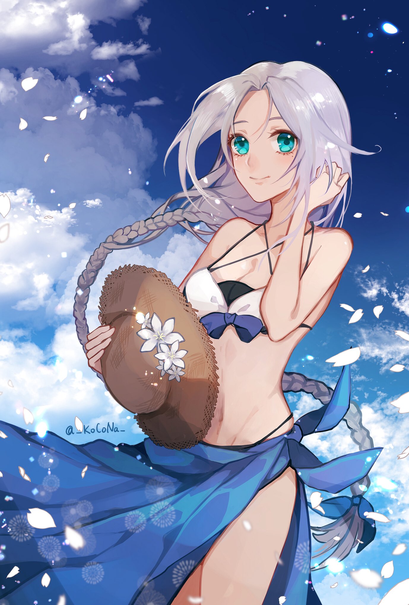 1girl, adapted_costume, bangs, bikini, blue_eyes, blue_sarong, blue_sky, braid