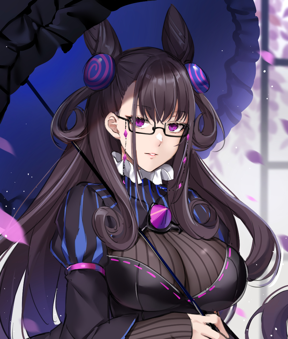 1girl, bangs, bespectacled, black-framed_eyewear, black_hair, black_shirt, blurry, breasts