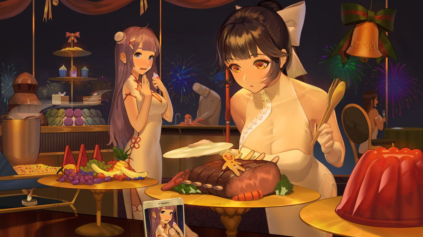 1boy, 3girls, azur_lane, bangs, bare_shoulders, bell, black_hair, blue_eyes, blunt_bangs, blush, breasts, brown_hair, buffet, cake, cellphone, champagne_flute, chef, chef_hat, chef_uniform, china_dress, chinese_clothes, cleavage, commentary, cookie, cup, cupcake, damiaodi, double_bun, dress, drinking_glass, evening_gown, eyebrows_visible_through_hair, food, food_on_face, fruit, gelatin, gloves, hair_ribbon, hat, highres, jewelry, macaron, meat, multiple_girls, octopus, open_mouth, phone, plate, ponytail, purple_hair, ribbon, ring, see-through, side_slit, smartphone, south_dakota_(azur_lane), takao_(azur_lane), thigh-highs, tongs, unicorn_(azur_lane), wedding_band, white_dress, white_gloves, yellow_eyes