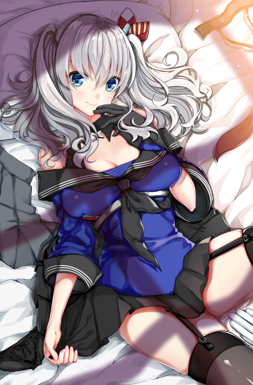 1girl, absurdres, alternate_costume, black_bra, black_gloves, black_legwear, black_panties, black_skirt, blue_shirt, bra, bra_removed, cosplay, eyebrows_visible_through_hair, garter_straps, gloves, highres, johnston_(kantai_collection), johnston_(kantai_collection)_(cosplay), kantai_collection, kashima_(kantai_collection), long_sleeves, looking_at_viewer, lying, mahou_shounen, off-shoulder_shirt, off_shoulder, on_back, panties, panties_removed, pillow, pleated_skirt, sailor_collar, school_uniform, shirt, silver_hair, single_glove, skirt, smile, solo, thigh-highs, twintails, underwear, wavy_hair