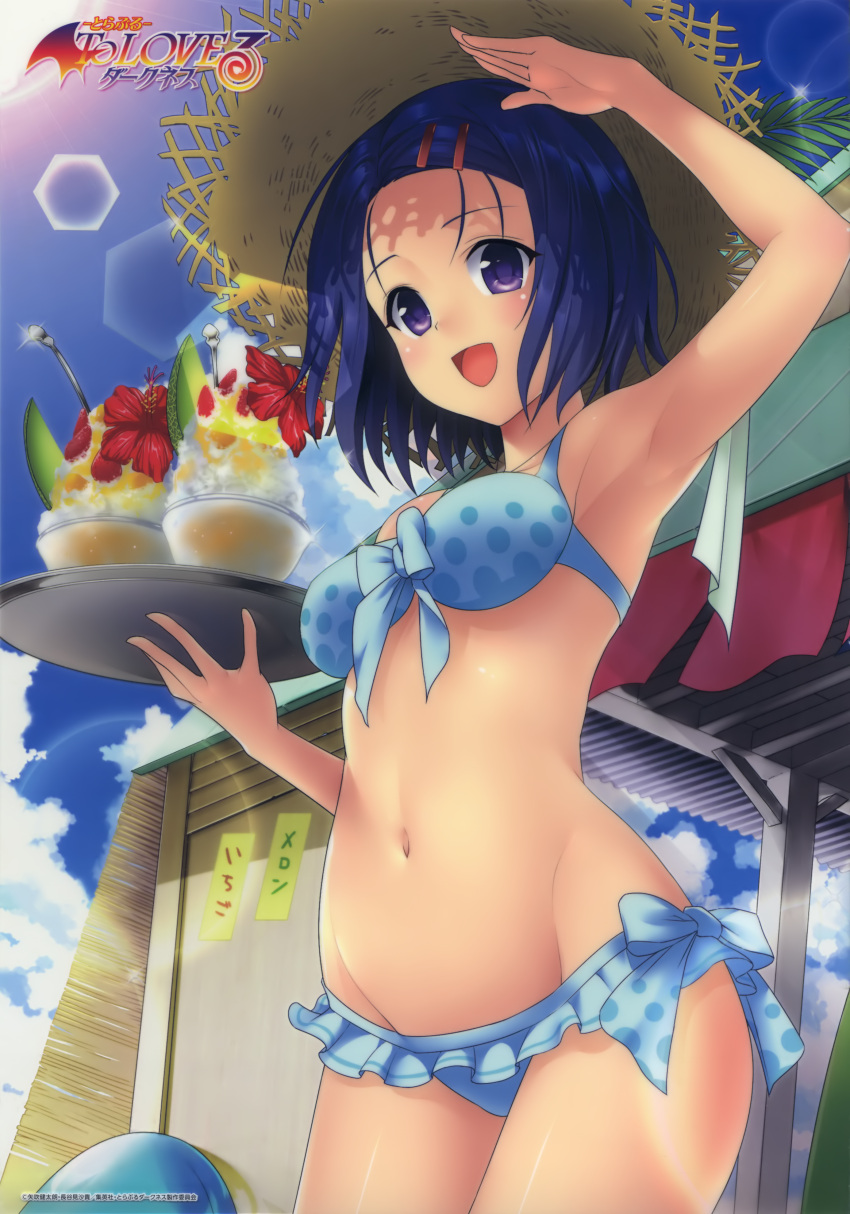 1girl, :d, absurdres, arm_up, armpits, bikini, blue_bikini, blue_bow
