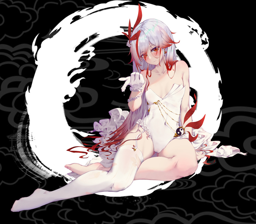 1girl, alternate_costume, armpits, backlighting, bangs, black_background, boots, bracelet, breasts, china_dress, chinese_clothes, cici, cleavage_cutout, detached_sleeves, dress, feathers, fiery_wings, fu_hua_(honkai_impact), glint, gold, gold_trim, gradient_hair, hair_between_eyes, hair_ornament, high_heel_boots, high_heels, highres, honkai_impact, jewelry, phoenix_(honkai_impact), red_eyes, red_hair, side_cutout, side_slit, signature, silver_hair, stockings, thigh_strap, thighlet, thighs, tied_hair, white_dress, white_stockings, wide_sleeves