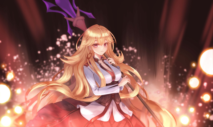 1girl, absurdres, blonde_hair, breasts, cleavage, dress, earrings, highres