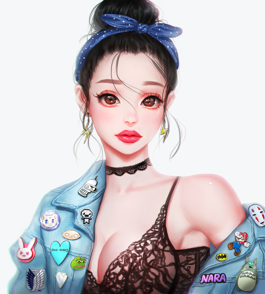 1girl, armpits, batman_(series), batman_symbol, bender_bending_rodriguez, black_bra, black_choker, black_hair, blue_jacket, blue_ribbon, boy's_club, bra, breasts, brown_eyes, character_request, choker, cleavage, closed_mouth, commentary, denim, denim_jacket, diamond_(symbol), english_commentary, eyelashes, family_guy, futurama, hair_bun, hair_ribbon, highres, jacket, lace, lace_bra, lace_choker, lightning_bolt_earrings, lips, looking_at_viewer, medium_breasts, meme, original, pepe_the_frog, pink_lips, polka_dot_ribbon, rena_illusion, ribbon, simple_background, solo, stewie_griffin, the_binding_of_isaac, tonari_no_totoro, totoro, underwear, upper_body, white_polka_dots