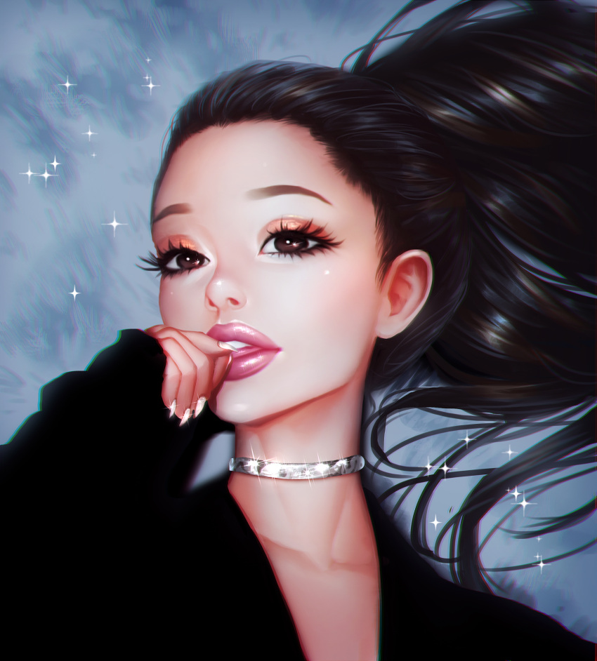 1girl, ariana_grande, black_hair, brown_eyes, choker, chromatic_aberration, commentary, eyelashes