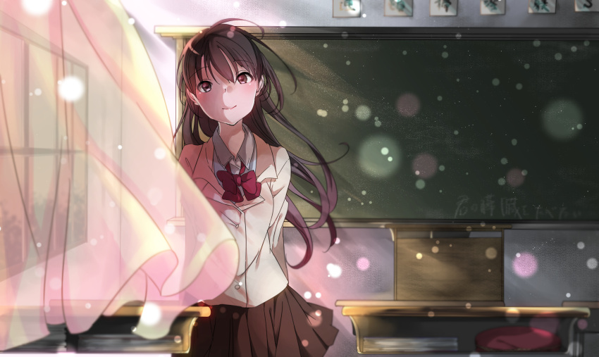 1girl, absurdres, arms_behind_back, blazer, bow, brown_eyes, brown_hair, brown_skirt