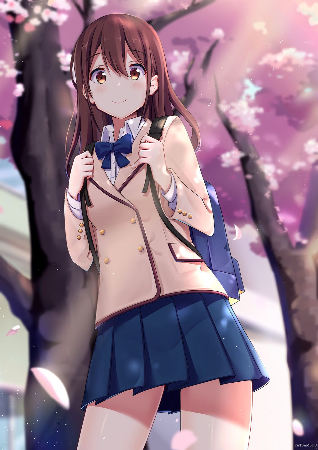 1girl, backpack, bag, blazer, blue_bow, blue_neckwear, blue_skirt, blush
