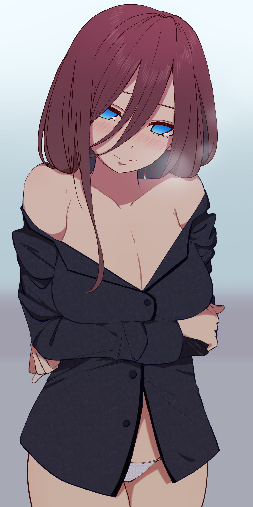 #yuki#, 1girl, alternate_costume, bare_shoulders, black_shirt, blue_background, blue_eyes, blush, breasts, brown_hair, cleavage, collarbone, cowboy_shot, crossed_arms, embarrassed, go-toubun_no_hanayome, gradient, gradient_background, hair_between_eyes, head_tilt, highres, large_breasts, light_frown, long_hair, long_sleeves, looking_at_viewer, nakano_miku, no_pants, no_pupils, nose_blush, off_shoulder, panties, shirt, solo, underwear, white_panties