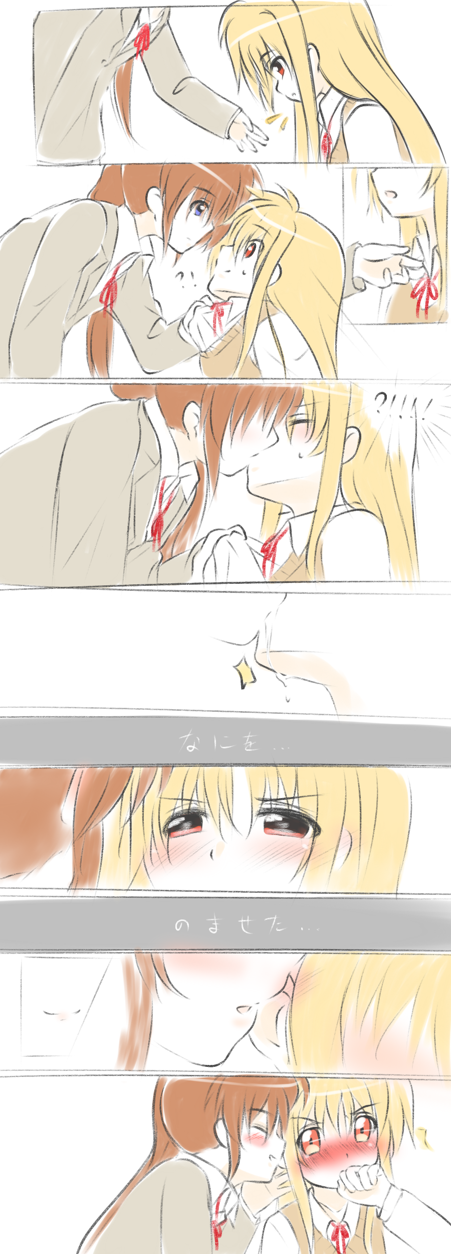!?, 2girls, ?!!, absurdres, blonde_hair, blue_eyes, blush, brown_hair