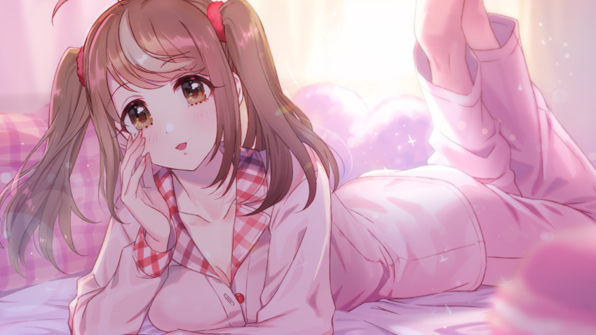 1girl, :d, ahoge, backlighting, barefoot, bed_sheet, blurry, blush