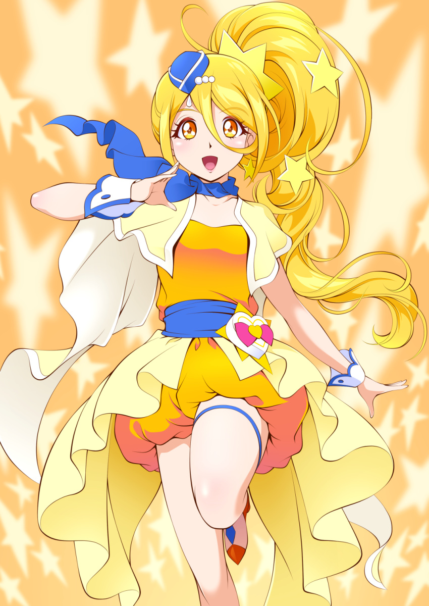 1girl, :d, bare_legs, blonde_hair, blue_hat, blue_scarf, capelet, cowboy_shot