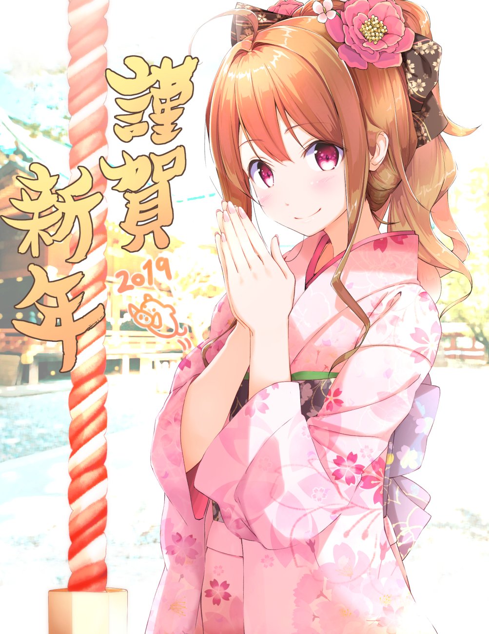 1girl, 2019, ahoge, bangs, blurry, blurry_background, blush, bow