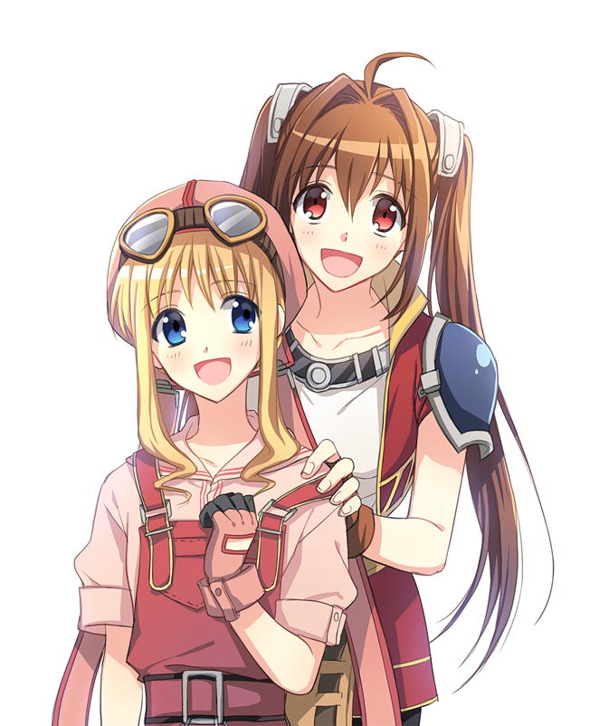 1010kren, 2girls, ahoge, blonde_hair, blue_eyes, breasts, brown_gloves, brown_hair
