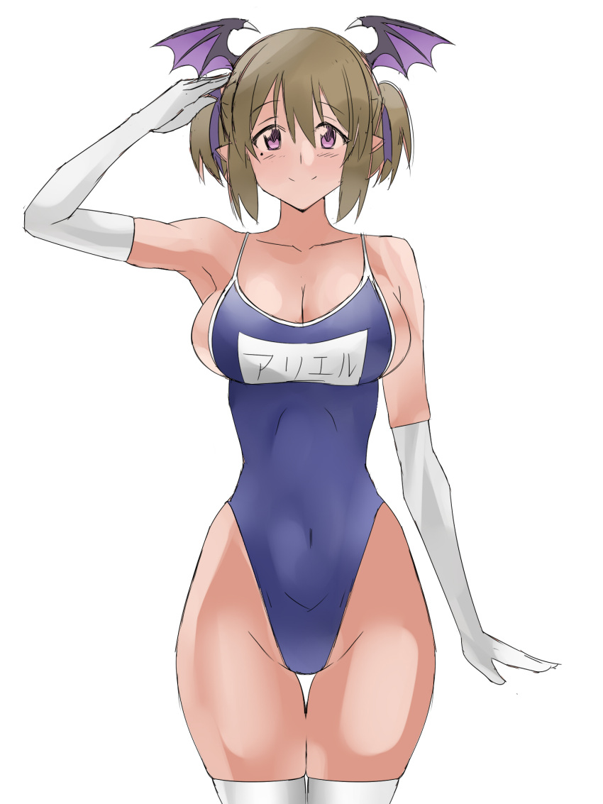 1girl, ariel_(kagemusha), bare_shoulders, blonde_hair, blue_swimsuit, breasts, cleavage, collarbone