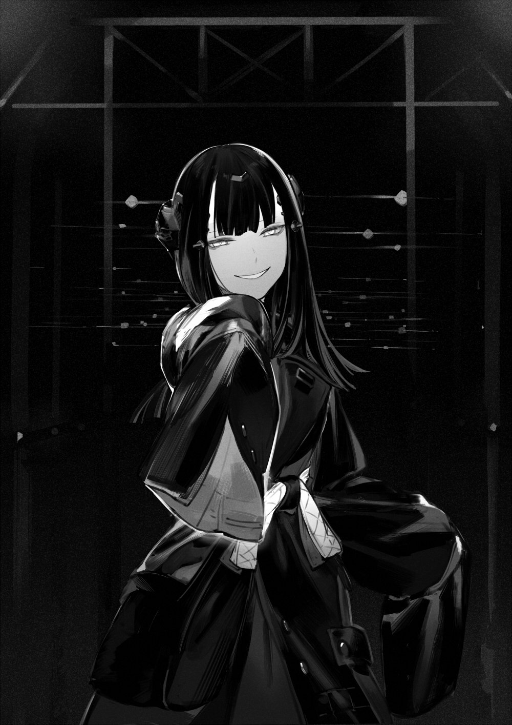 1girl, bangs, dress, duoyuanjun, girls_frontline, greyscale, grin, hair_between_eyes