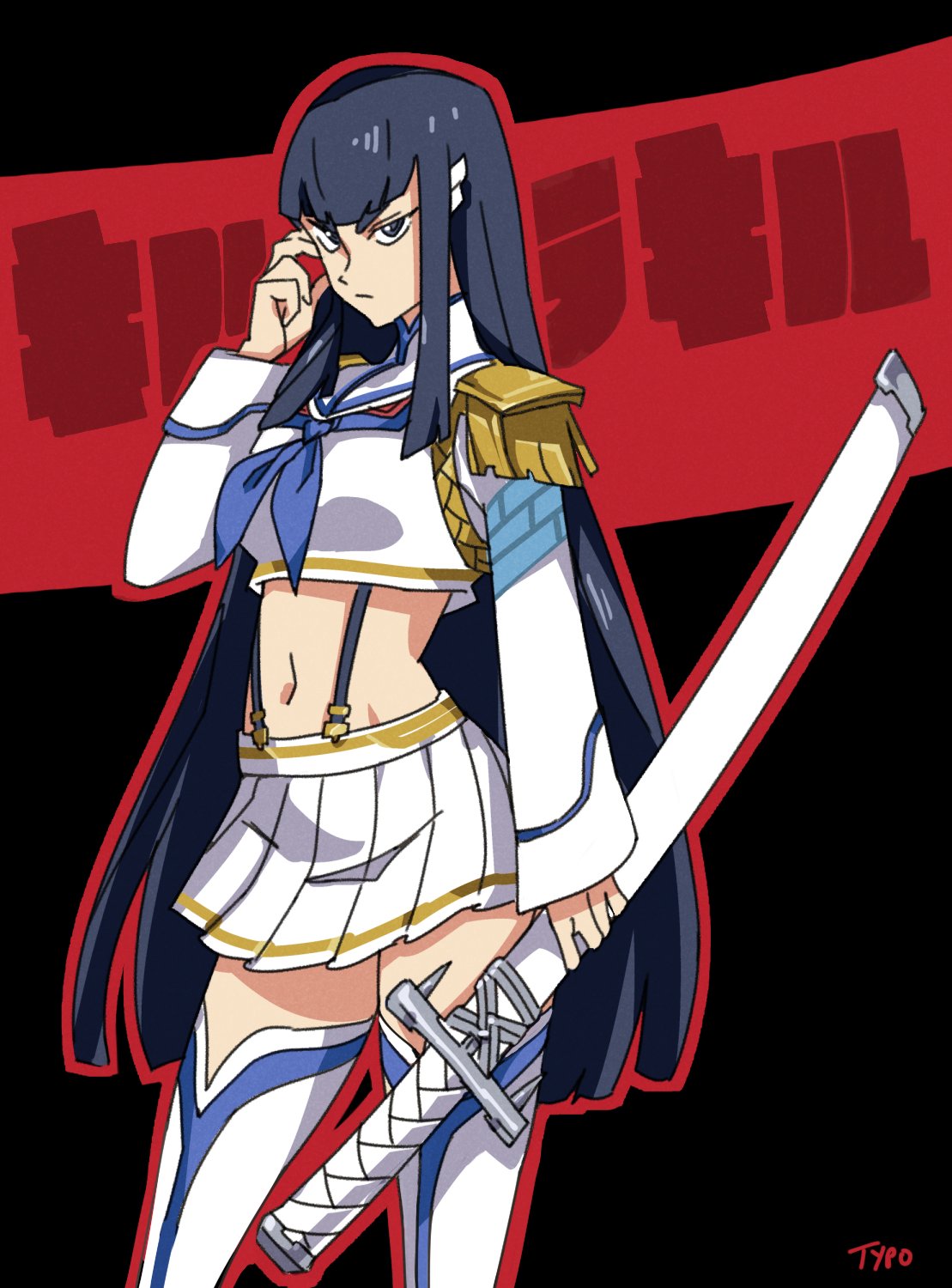 1girl, adapted_costume, bakuzan, bangs, black_hair, blue_eyes, boots, commentary