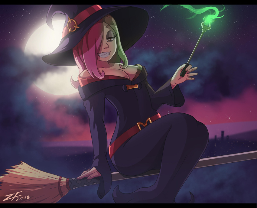 1girl, 2018, bare_shoulders, breasts, broom, broom_riding, commentary, english_commentary, gehn94, glowing, hair_over_one_eye, half-closed_eyes, halloween, hat, highres, light, little_witch_academia, long_hair, luna_nova_school_uniform, magic, medium_breasts, moon, moonlight, pink_hair, red_eyes, school_uniform, sharp_teeth, signature, smile, solo, sucy_manbavaran, teeth, wand, witch, witch_hat