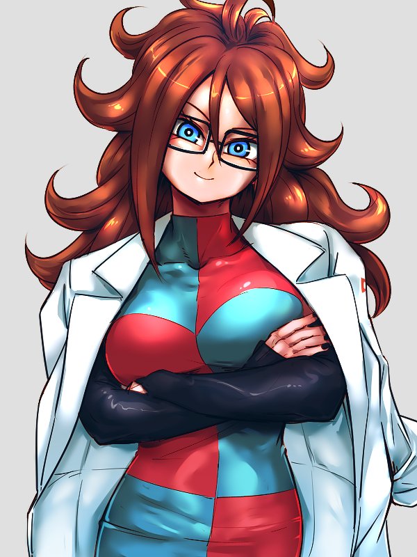 1girl, android_21, black_gloves, black_nails, blue_dress, blue_eyes, breasts, checkered