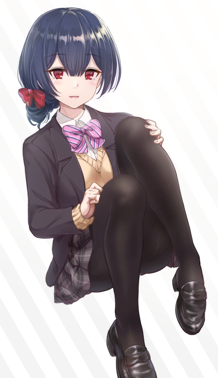 1girl, bangs, blazer, blue_hair, blush, bow, bowtie, cardigan