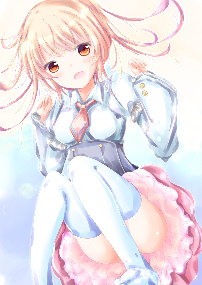 1girl, :d, blonde_hair, blue_legwear, blue_shirt, blush, commentary_request, hands_up